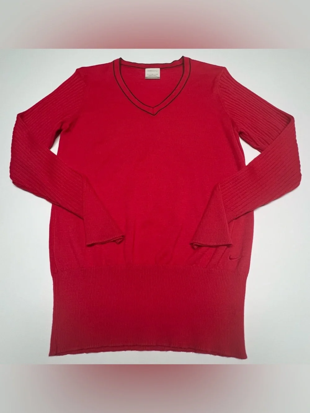 NIKE Golf Red V-Neck Sweater Women’s Large Ribbed Sleeve Lightweight Pullover - Picture 7 of 7